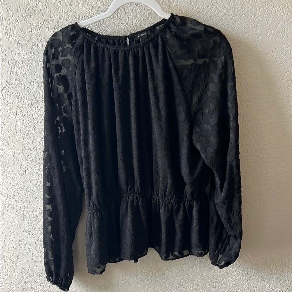 Black Long-Sleeve Textured Peplum Blouse